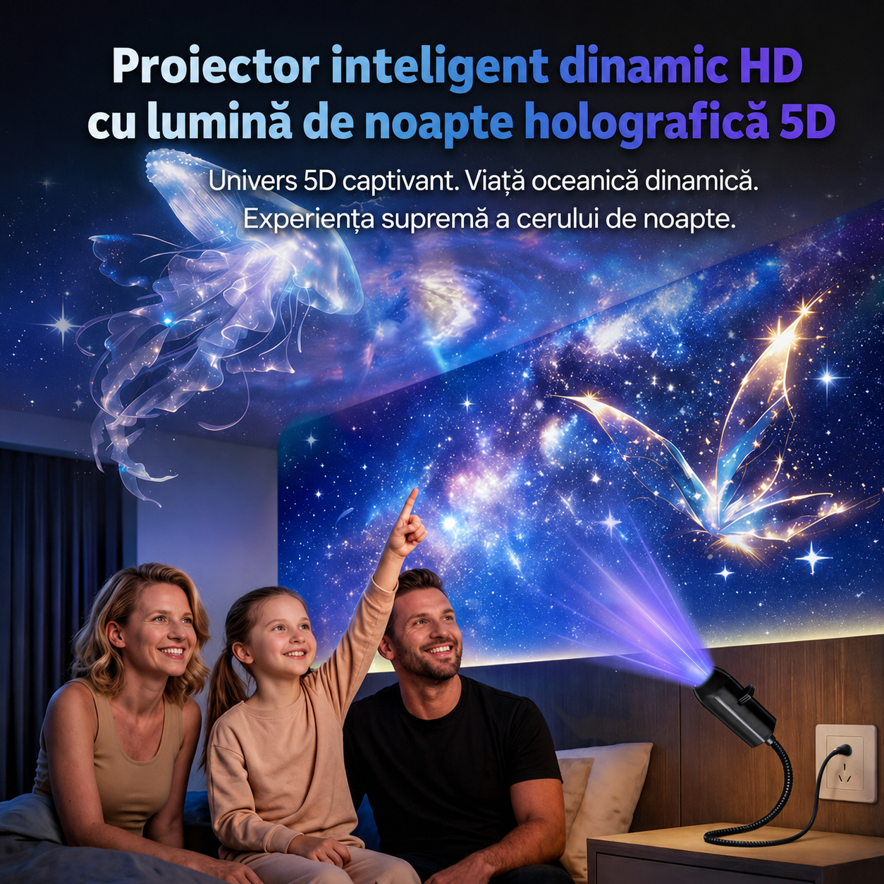 🧵 PROIECȚIE INTELIGENTĂ DE NOUĂ GENERAȚIE: PROIECTOR HD INTELIGENT ȘI DINAMIC, CU LUMINĂ DE NOAPTE HOLOGRAFICĂ 5D