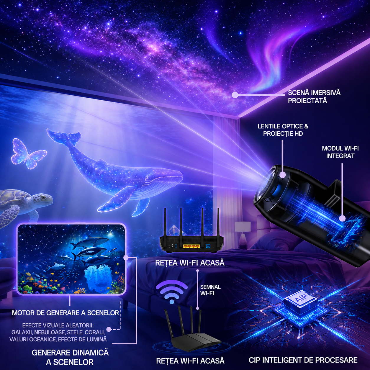 🧵 PROIECȚIE INTELIGENTĂ DE NOUĂ GENERAȚIE: PROIECTOR HD INTELIGENT ȘI DINAMIC, CU LUMINĂ DE NOAPTE HOLOGRAFICĂ 5D